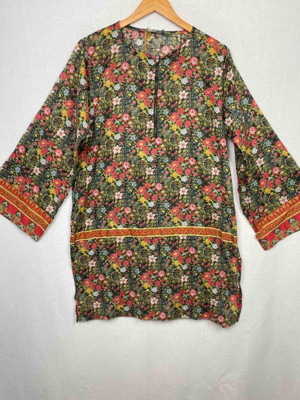 Zellbury NWT Floral Cotton Zipper Front Tunic / Top /Swim Cover-up Womens Size L